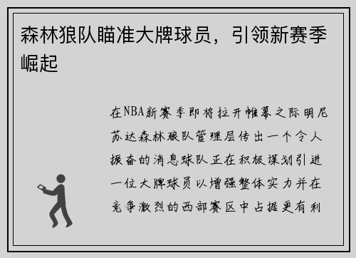 森林狼队瞄准大牌球员，引领新赛季崛起